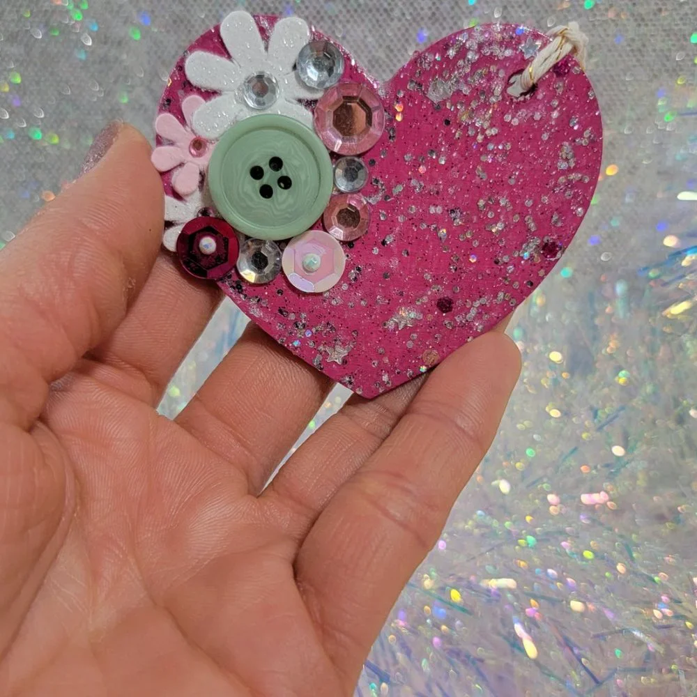 Handmade Pink Glitter Heart Ornament Decor Fuchsia Hanging Gift for Girls